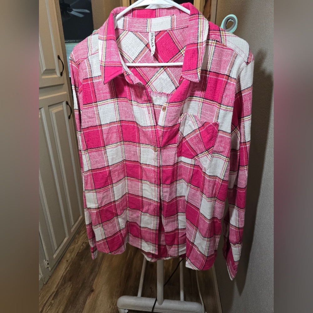 Pink Plaid Button-Up Shirt - Women
